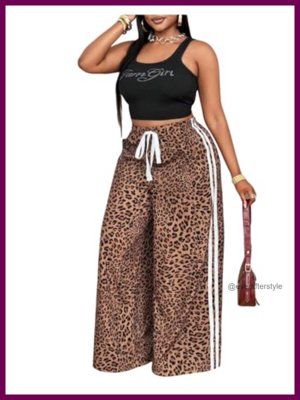 Plus Size Wide Leg Leopard Print Striped Pants Y2K Tie Front Loose Fit
